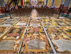 A colourful floor representing the tomb stones of the fallen knights